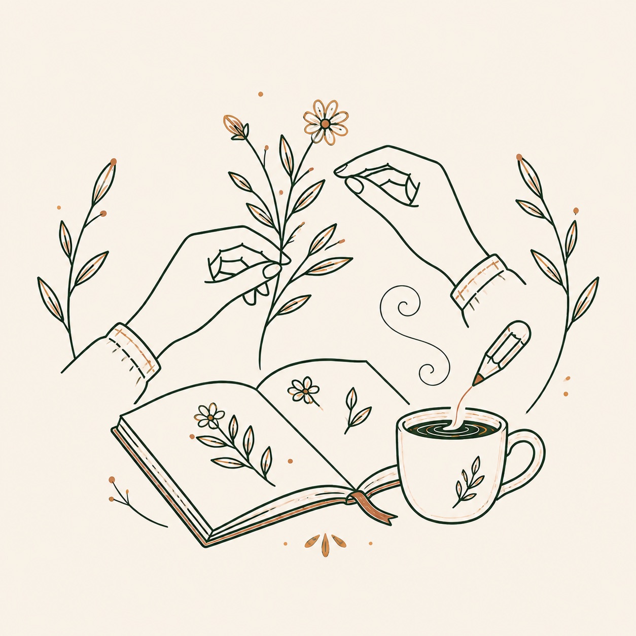 Line illustration of hands arranging flowers beside a sketchbook and coffee
