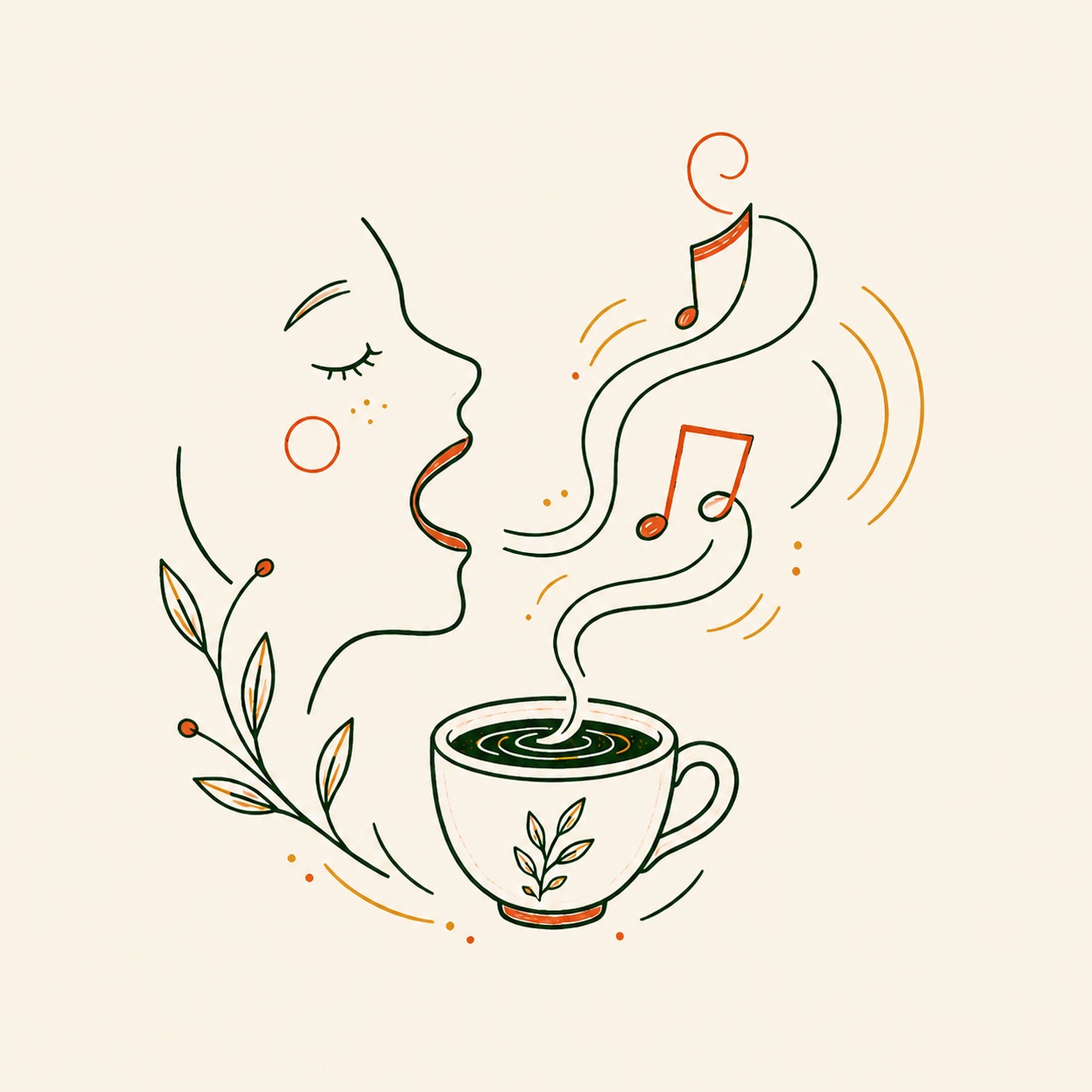 Line illustration of a singing profile, musical notes, and coffee
