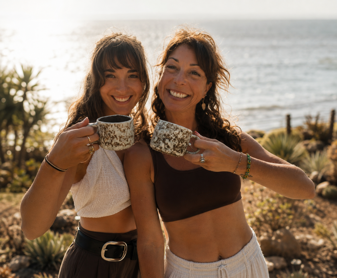 Makayla and Briana sharing GTHR coffee by the ocean