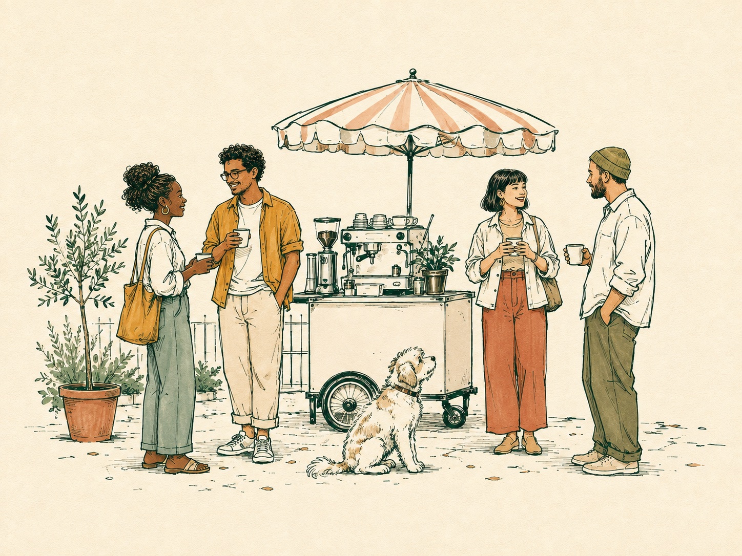 Pen-and-wash illustration of neighbors gathering at a coffee pop-up