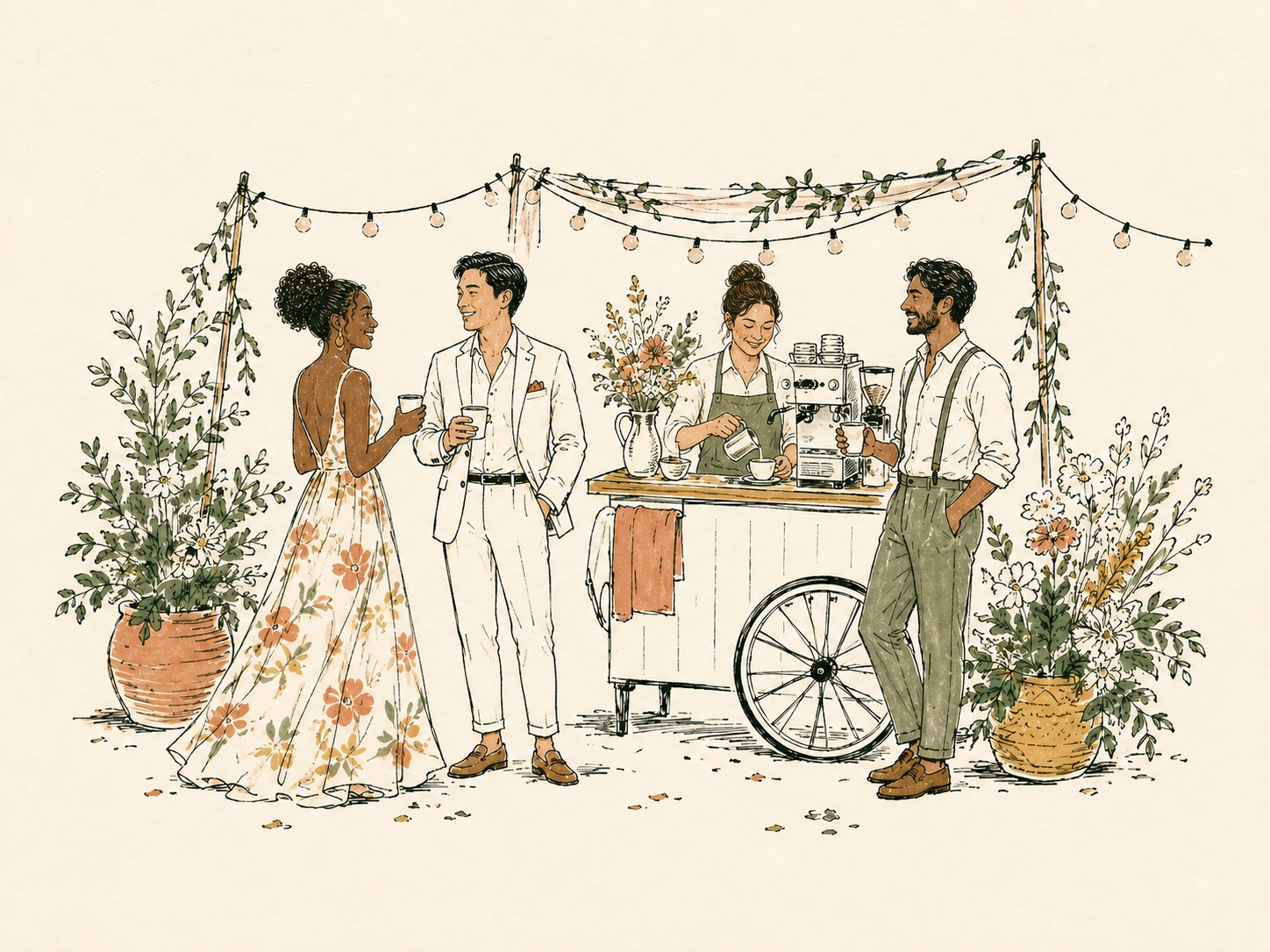 Pen-and-wash illustration of a barista serving guests at a garden celebration